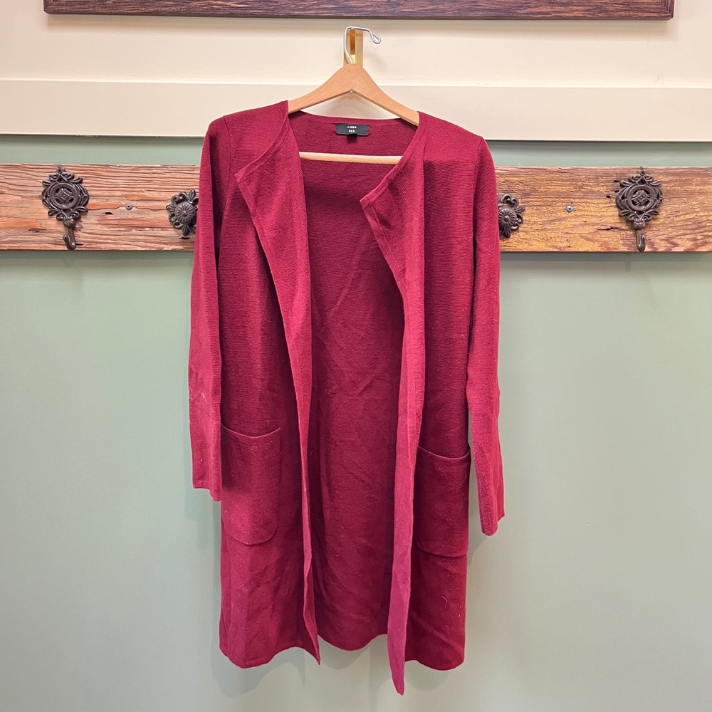 J. Crew 365 Burgundy Merino Wool Blend Long Open Front Cardigan‎ Sweater XXS